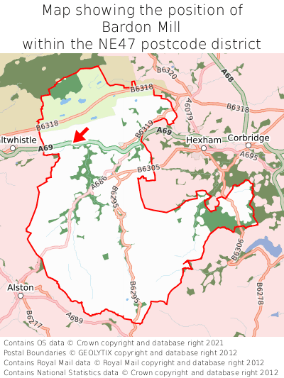 Map showing location of Bardon Mill within NE47
