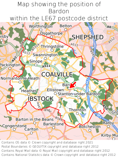 Map showing location of Bardon within LE67