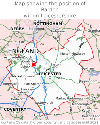 Map showing location of Bardon within Leicestershire