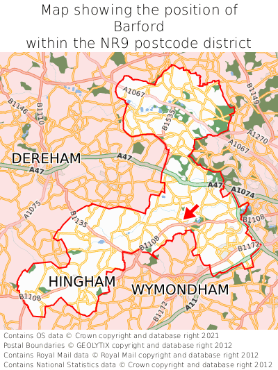 Map showing location of Barford within NR9