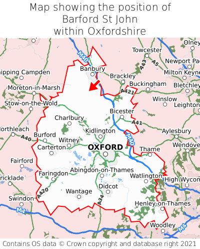 Map showing location of Barford St John within Oxfordshire