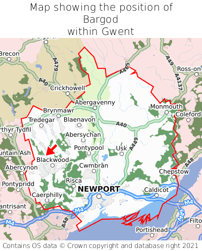 Map showing location of Bargod within Gwent