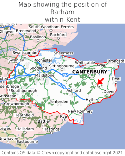 Map showing location of Barham within Kent