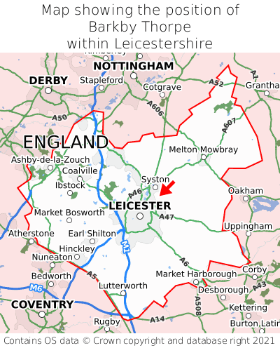 Map showing location of Barkby Thorpe within Leicestershire
