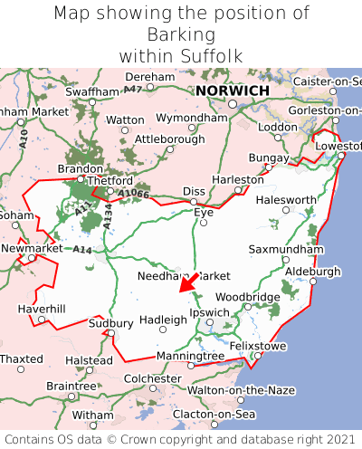 Map showing location of Barking within Suffolk