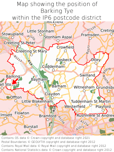 Map showing location of Barking Tye within IP6