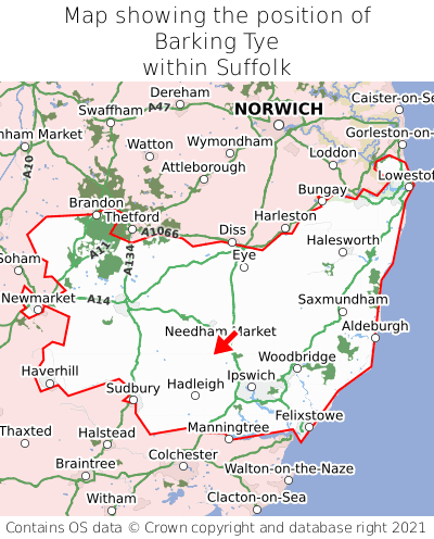 Map showing location of Barking Tye within Suffolk