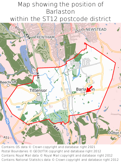 Map showing location of Barlaston within ST12