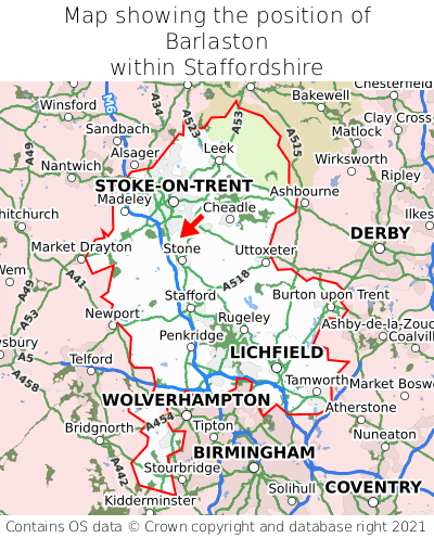Map showing location of Barlaston within Staffordshire
