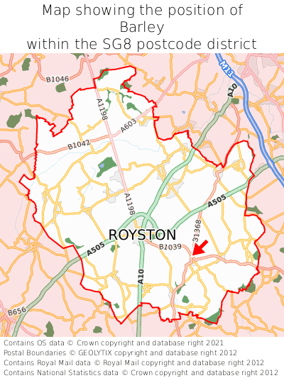 Map showing location of Barley within SG8