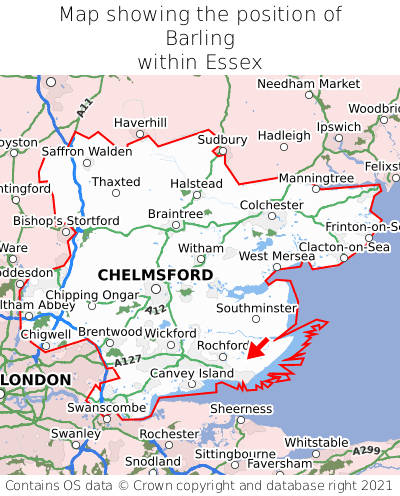 Map showing location of Barling within Essex