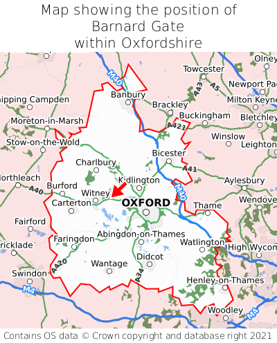 Map showing location of Barnard Gate within Oxfordshire