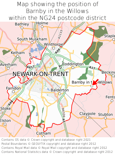 Map showing location of Barnby in the Willows within NG24
