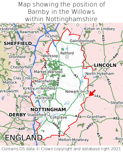 Map showing location of Barnby in the Willows within Nottinghamshire