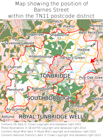 Map showing location of Barnes Street within TN11