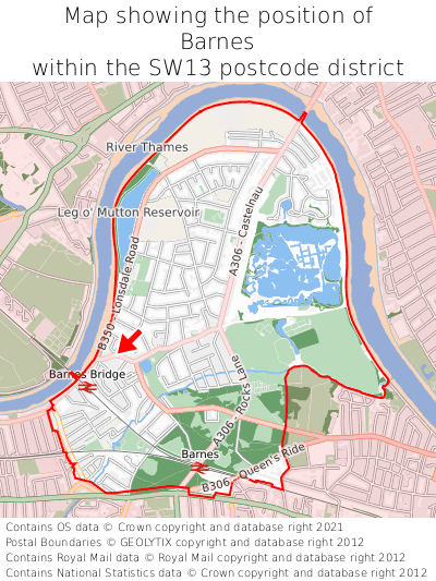 Map showing location of Barnes within SW13