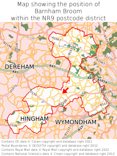 Map showing location of Barnham Broom within NR9