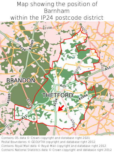 Map showing location of Barnham within IP24