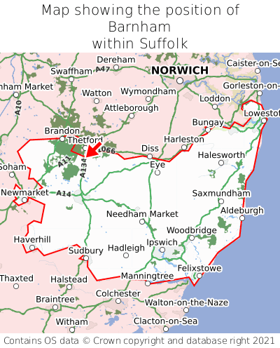 Map showing location of Barnham within Suffolk