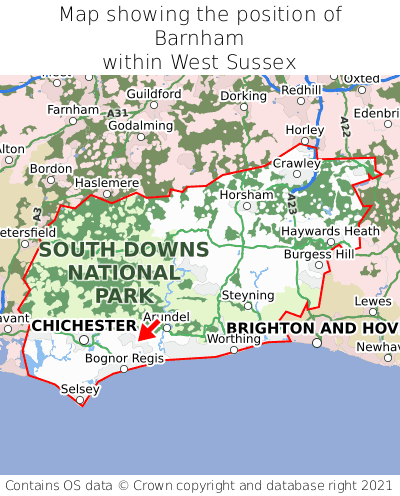 Map showing location of Barnham within West Sussex