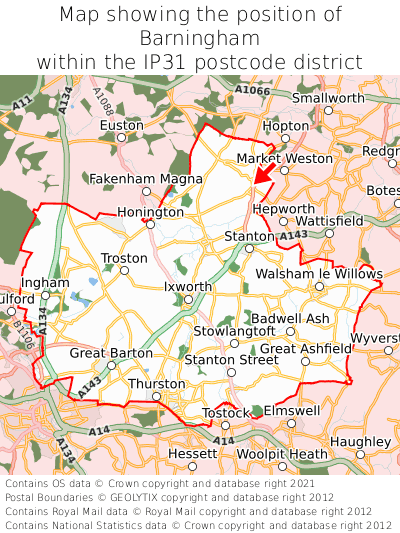 Map showing location of Barningham within IP31