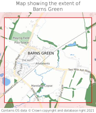 Map showing extent of Barns Green as bounding box
