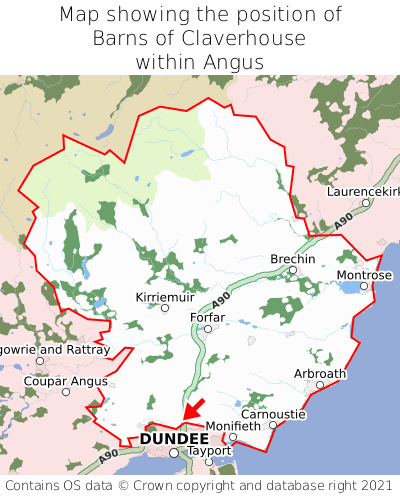 Map showing location of Barns of Claverhouse within Angus