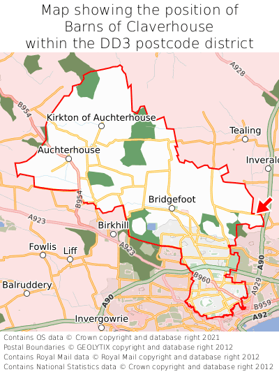 Map showing location of Barns of Claverhouse within DD3