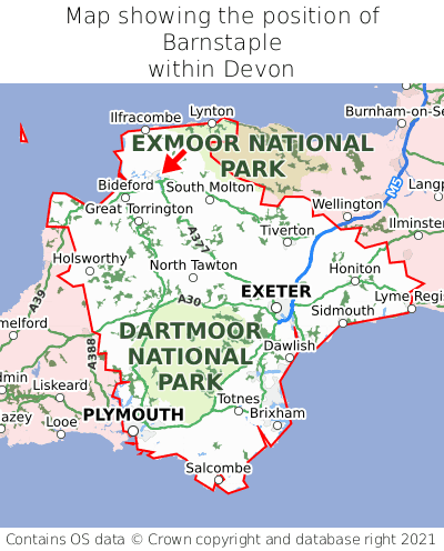 Map showing location of Barnstaple within Devon