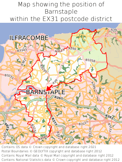Map showing location of Barnstaple within EX31