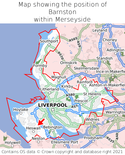 Map showing location of Barnston within Merseyside