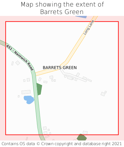 Map showing extent of Barrets Green as bounding box