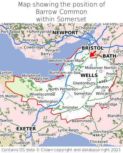Map showing location of Barrow Common within Somerset