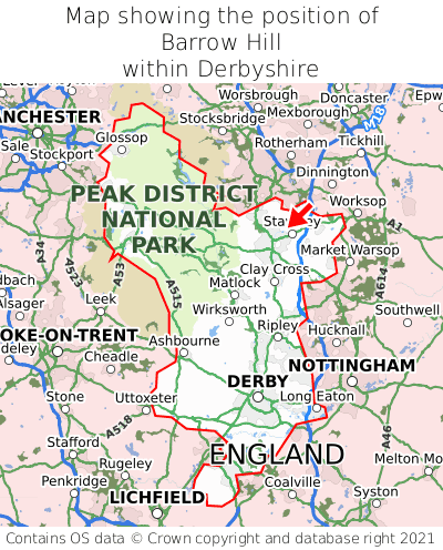 Map showing location of Barrow Hill within Derbyshire