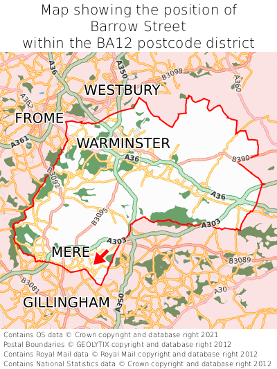 Map showing location of Barrow Street within BA12