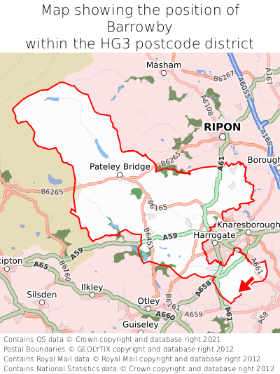 Map showing location of Barrowby within HG3