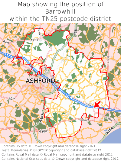 Map showing location of Barrowhill within TN25