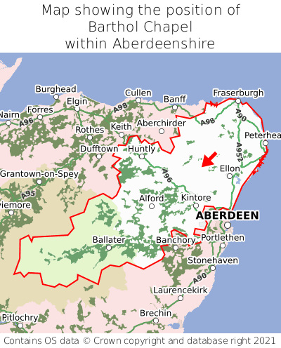 Map showing location of Barthol Chapel within Aberdeenshire