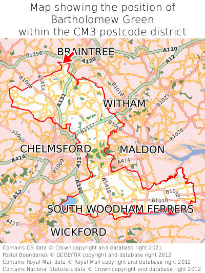 Map showing location of Bartholomew Green within CM3