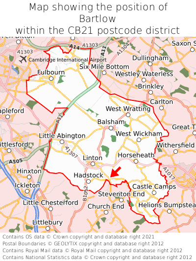 Map showing location of Bartlow within CB21