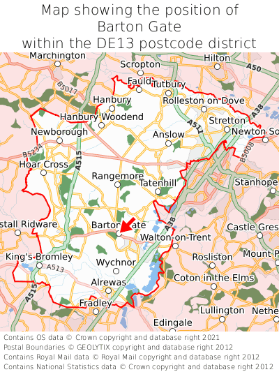 Map showing location of Barton Gate within DE13