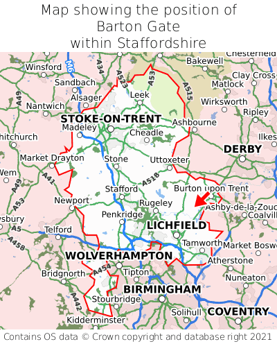 Map showing location of Barton Gate within Staffordshire