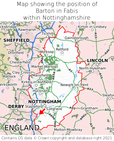 Map showing location of Barton in Fabis within Nottinghamshire
