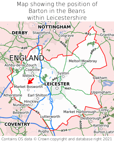 Map showing location of Barton in the Beans within Leicestershire