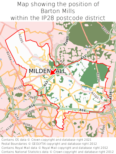 Map showing location of Barton Mills within IP28