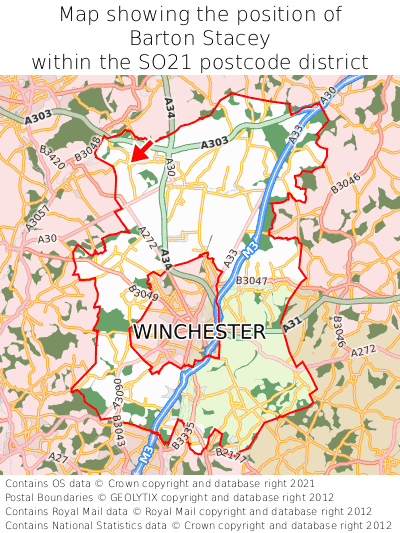 Map showing location of Barton Stacey within SO21