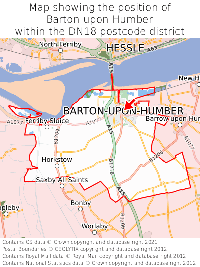Map showing location of Barton-upon-Humber within DN18
