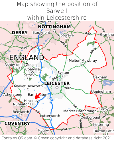 Map showing location of Barwell within Leicestershire