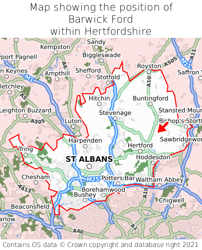Map showing location of Barwick Ford within Hertfordshire