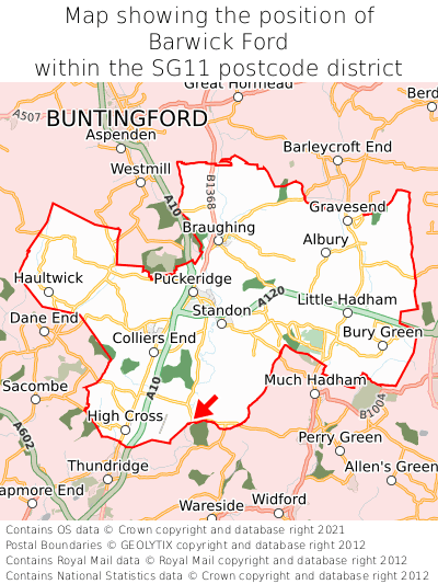 Map showing location of Barwick Ford within SG11